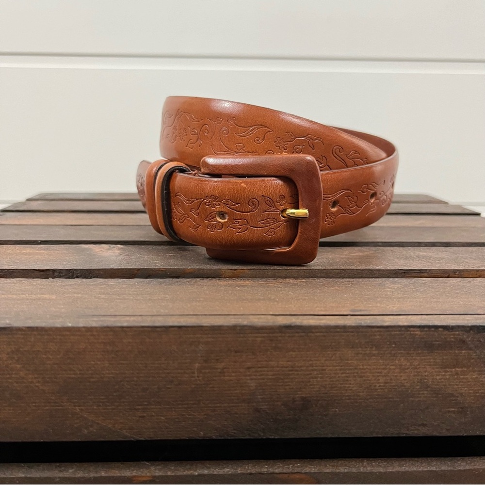 Talbots Sz M Tooled Leather Light Brown Belt